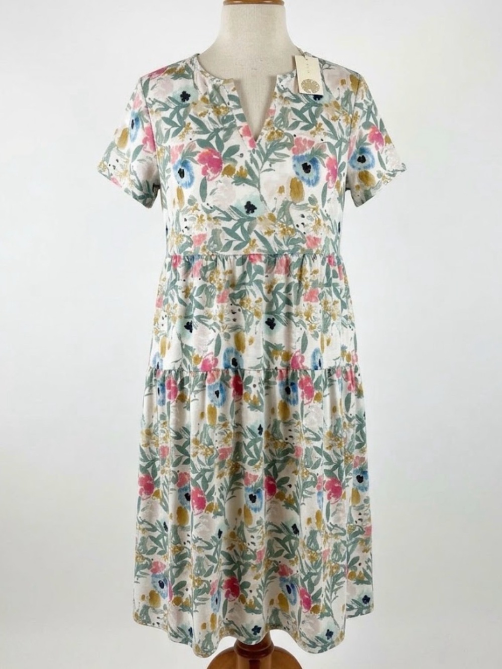 NWT OLRIK Women 2X Floral Tiered Midi Dress Short Sleeve Split V Neck Plus 2XL